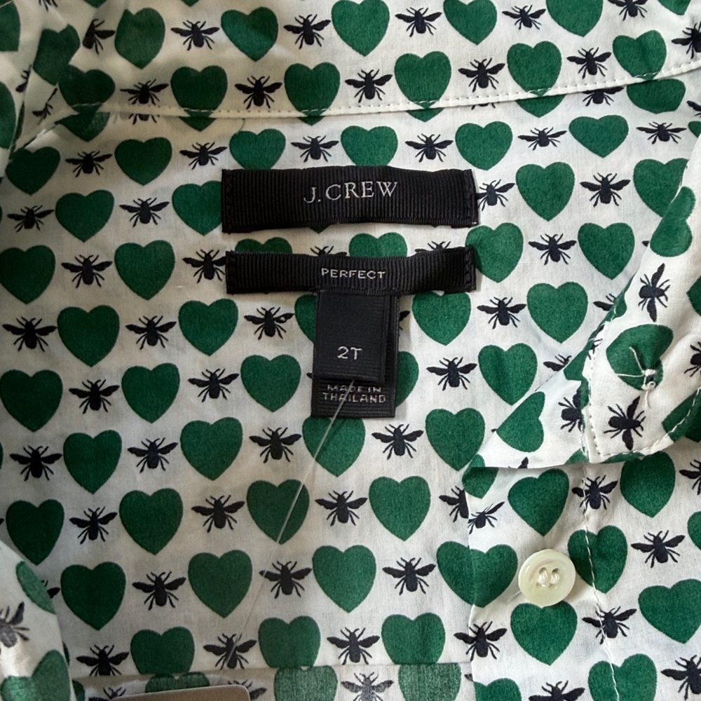 NWT. J. Crew White Button-Down Shirt with Green Heart Print